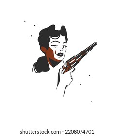 Hand drawn abstract vector graphic clipart illustration boho cowgirl holding the gun.Western female design concept.Bohemian wild west contemporary art.Cowboy girl modern drawing.American cowgirl logo.