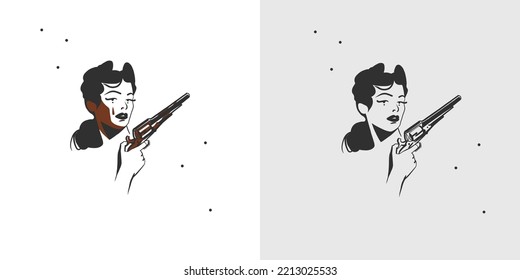 Dibujo manual de ilustraciones gráficas de clíposito vector abstracto boho cowgirl en ese retrato.concepto de diseño femenino occidental.arte contemporáneo bohemiano-occidental.Dibujo moderno de chica de vaca.Logo de cowgirl estadounidense.