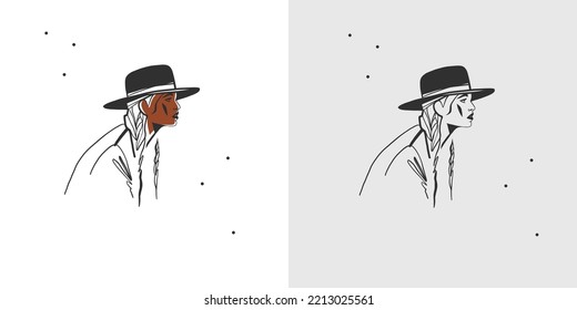 Hand drawn abstract vector graphic clipart illustration boho cowgirl in hat portrait.Western female design concept.Bohemian wild west contemporary art.Cowboy girl modern drawing.American cowgirl logo.