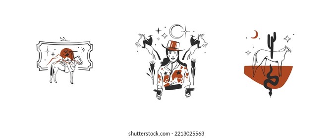 Hand drawn abstract vector graphic clipart illustrations logo set compositions.Wild Western design concept.Bohemian wild west contemporary art.Cowboy modern line art drawing.American cowgirl logo.