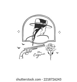 Handgezeichnete abstrakte Vektorgrafik-Zeichen Clip Art Illustration Cowgirl in diesem Portrait.Western weibliches Design Konzept.Böhmische wilde Westen zeitgenössische Kunst.Cowboy Mädchen moderne Zeichnung.American Cowgirl-Logo.
