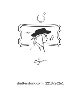 Hand drawn abstract vector graphic sign clipart illustration cowgirl in hat portrait.Western female design concept.Bohemian wild west contemporary art.Cowboy girl modern drawing.American cowgirl logo.