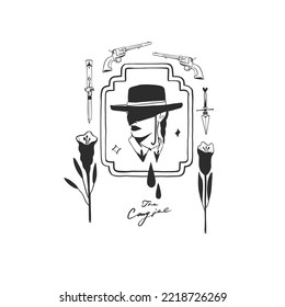 Hand drawn abstract vector graphic sign clipart illustration cowgirl in hat portrait.Western female design concept.Bohemian wild west contemporary art.Cowboy girl modern drawing.American cowgirl logo.