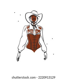 Hand drawn abstract vector graphic clipart illustration boho cowgirl in hat portrait.Western female design concept.Bohemian wild west contemporary art.Cowboy girl modern drawing.American cowgirl logo.