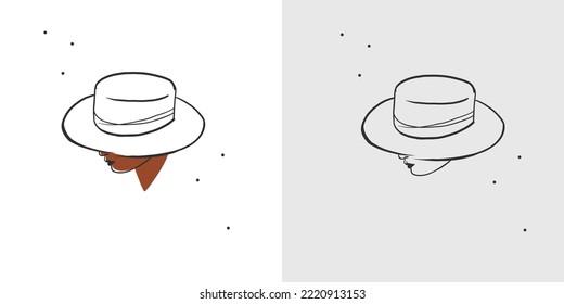 Hand drawn abstract vector graphic clipart illustration boho cowgirl in hat portrait.Western female design concept.Bohemian wild west contemporary art.Cowboy girl modern drawing.American cowgirl logo.