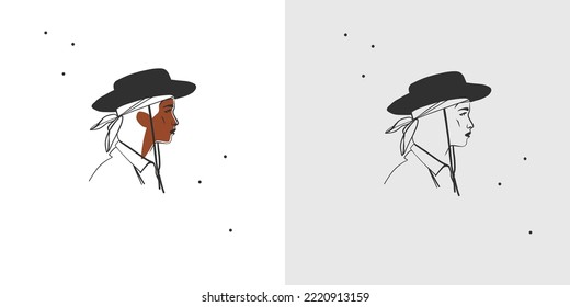 Hand drawn abstract vector graphic clipart illustration boho cowgirl in hat portrait.Western female design concept.Bohemian wild west contemporary art.Cowboy girl modern drawing.American cowgirl logo.