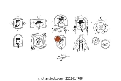 Hand drawn abstract vector graphic clipart illustration cowgirl in hat portraits set.Western female design concept.Bohemian wild west contemporary art.Cowboy girl modern drawing.American cowgirl logo.