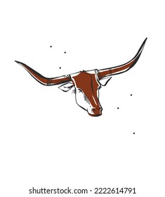 Hand drawn abstract vector graphic clipart illustration boho bull head with horns logo element.Western design concept.Bohemian wild west contemporary art.Cowboy girl modern drawing.Animal logo.