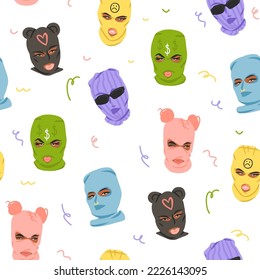 Handgezeichnete, abstrakte Vektorgrafik-Video-Illustrationen Sammlung mit Bandit-Mädchen in balaclava nahtlos Muster.Trendy modernes weibliches Design Konzept.Vektorfrau Modeporträt zeitgenössische Kunst.