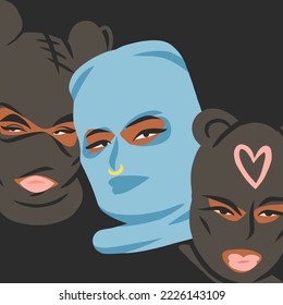 Hand drawn abstract vector graphic clipart illustrations collection set with bandit girl in balaclava.Trendy modern female design concept.Vector woman fashion portrait contemporary art.Beauty model.