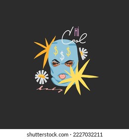 Hand drawn abstract vector graphic clipart illustrations collection set with bandit girl in balaclava.Trendy modern female design stickers concept.Vector woman fashion contemporary art.Beauty model.