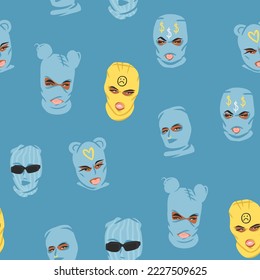 Hand drawn abstract vector graphic clipart illustrations collection set with ukrainian girl in balaclava.Trendy modern female design concept.Vector woman fashion portrait contemporary seamless pattern