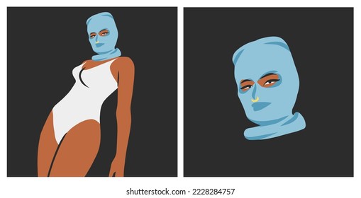 Colección de ilustraciones gráficas de clipart vectoriales dibujadas a mano con muchacha bandida en balaclava.Concepto moderno de diseño femenino.Retrato de moda de mujer vector arte contemporáneo.Modelo de belleza.
