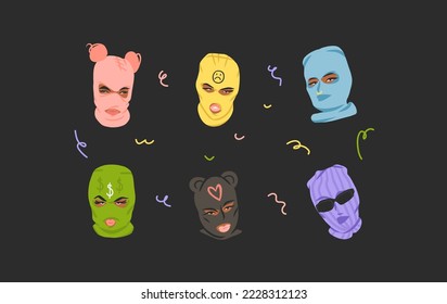 Handgezeichnete abstrakte Vektorgrafik-Video-Illustrationen Sammlung mit Bandit-Mädchen in Balaclava.Trendy moderne weibliche Design Konzept.Vektorfrau Modeporträt zeitgenössische Kunst.Beauty-Modell.