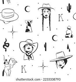 Hand drawn abstract vector graphic clipart illustration boho cowgirls concept seamless pattern composition.Wild Western design concept.Bohemian wild west contemporary art.Cowboy modern line drawing.