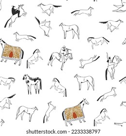 Hand drawn abstract vector graphic clipart illustration wild west horses seamless pattern composition.Wild Western design concept.Bohemian wild west contemporary art. Horse modern line art drawing.