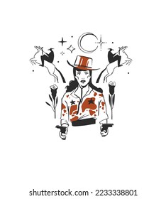 Dibujo manual de ilustraciones gráficas de clíposito vector abstracto boho cowgirl en ese retrato.concepto de diseño femenino occidental.arte contemporáneo bohemiano-occidental.Dibujo moderno de chica de vaca.Logo de cowgirl estadounidense.