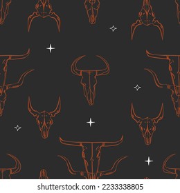 Hand drawn abstract vector graphic clipart illustration wild west bull skull seamless pattern .Wild Western design concept.Bohemian wild west contemporary art.Horse modern line art drawing.Tribal art.