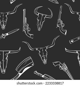 Hand drawn abstract vector graphic clipart illustration boho cowboy seamless pattern composition.Wild Western design concept.Bohemian wild west contemporary art.Cowboy modern line art drawing.