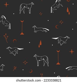 Hand drawn abstract vector graphic clipart illustration wild west horses seamless pattern composition.Wild Western design concept.Bohemian wild west contemporary art. Horse modern line art drawing.