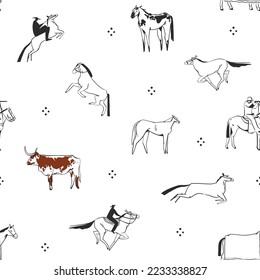 Hand drawn abstract vector graphic clipart illustration wild west horses seamless pattern composition.Wild Western design concept.Bohemian wild west contemporary art. Horse modern line art drawing.