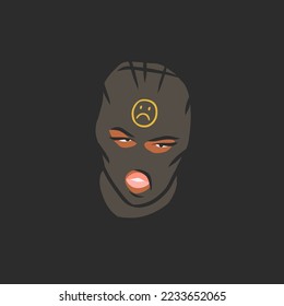 Colección de ilustraciones gráficas de clipart vectoriales dibujadas a mano con muchacha bandida en balaclava.Concepto moderno de diseño femenino.Retrato de moda de mujer vector arte contemporáneo.Modelo de belleza.