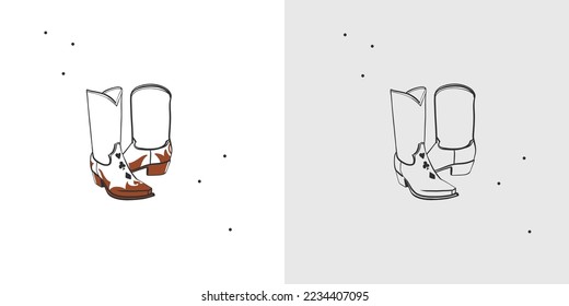 Hand drawn abstract vector graphic clipart illustration boho cowgirl rodeo boots.Western female design concept.Bohemian wild west contemporary art.Cowboy girl modern drawing.American cowgirl logo.