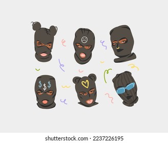 Hand drawn abstract vector graphic clipart illustrations collection set with bandit girl in balaclava.Trendy modern female design concept.Vector woman fashion portrait contemporary art.Beauty model.