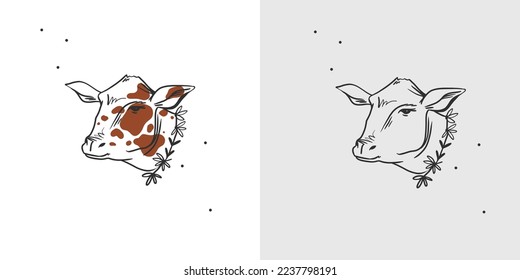 Hand drawn abstract vector graphic clipart illustration boho bull and cow with horns logo element.Western design concept. Doodle wild west contemporary art.Cowboy girl modern drawing. Cow farm design.