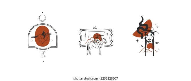 Handgezeichnete abstrakte Vektorgrafik-Clipart-Illustrationen Logo-Kompositionen.Wild Western-Design-Konzept.Böhmische Wildwestkunst Gegenwartskunst.Cowboy Moderne Linienzeichnung.Wildes Westdesign-Konzept.