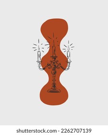 Hand drawn abstract vector graphic outline illustration of vintage engraving candle holder aesthetic poster.Vintage baroque design concept line art.Modern candelabra sketch line drawing icon logo.