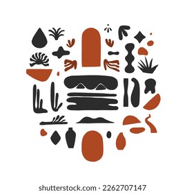 Hand drawn abstract vector graphic clipart illustrations collection set of doodle native nature silhouette shapes.Simple Design concept.Nature contemporary simple shapes.Vector abstract design art.