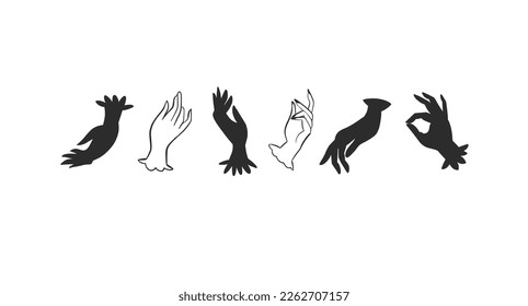 Hand drawn abstract vector graphic outline doodle lady hands in vintage gloves aesthetic illustration collection set.Hands logo design concept.Hands contemporary design.Outline hands illustration set.