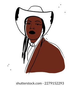 Hand drawn abstract vector graphic clipart illustration cowboy girl in hat portrait.Western female design concept.Bohemian wild west contemporary art.Cowgirl modern drawing.American cowgirl logo.
