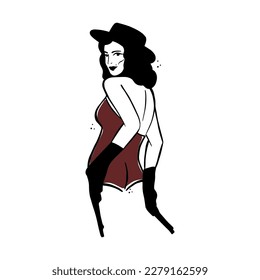 Hand drawn abstract vector graphic clipart illustration boho cowgirl in hat portrait.Western female design concept.Bohemian wild west contemporary art.Cowboy girl modern drawing.American cowgirl logo.