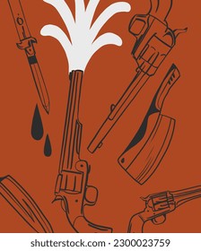 Handgezeichnete abstrakte Vektorgrafik moderne Illustration boho Cowboy Zeichnen Druck mit Gewehren, Messer und Revolver.Western Cowboy Design Konzept.Böhmischer Wilder Westen zeitgenössisch.Cowboy moderne Zeichnung.