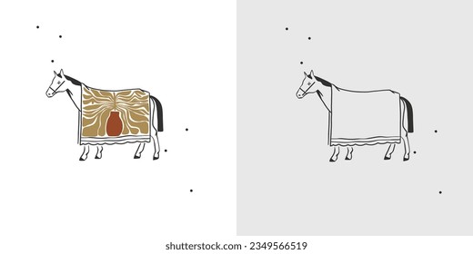 Dibujo manual vector abstracto gráfico de clipart ilustración boho elemento logo de caballo.concepto de diseño occidental. Dibujo moderno de Doodle Wild West. Diseño gráfico de la granja de caballos.
