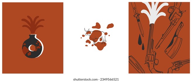 Hand drawn abstract vector graphic clipart illustrations logo set compositions.Wild Western design concept.Bohemian wild west contemporary art.Cowboy modern line art drawing.Wild west design concept.