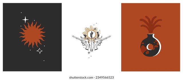 Dibujo manual de ilustraciones gráficas de clíposites vectoriales abstractas con dibujos de marca. Concepto de diseño occidental salvaje.Arte contemporáneo occidental bohemiano salvaje.Dibujo de arte de línea moderna de Cowboy.Logo de cowgirl estadounidense

