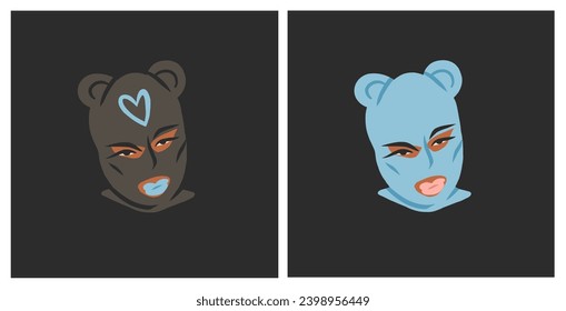Hand drawn abstract vector graphic clipart illustrations collection set with bandit girl in balaclava.Trendy modern female design concept.Vector woman fashion portrait contemporary art.Beauty model.