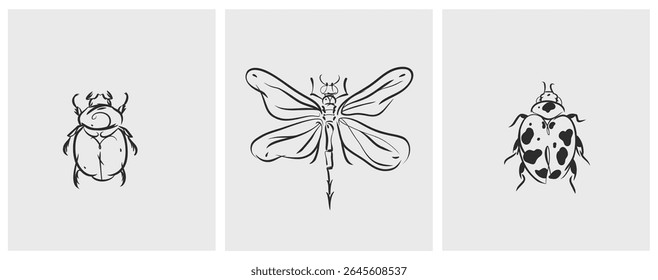 Hand drawn abstract vector graphic illustration collection set with cute, stylized insect bugs sketch.Trendy modern wild nature design concept sketch.Vector line bugs symbol. animal icons