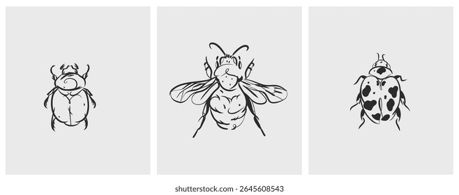 Hand drawn abstract vector graphic illustration collection set with cute, stylized insect bugs sketch.Trendy modern wild nature design concept sketch.Vector line bugs symbol. animal icons