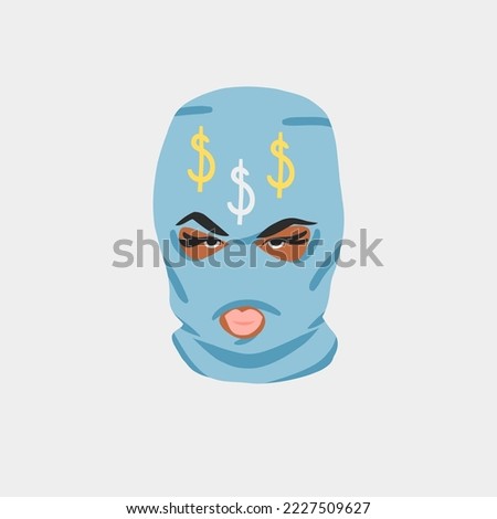 Hand drawn abstract vector graphic clipart illustrations collection set with bandit girl in balaclava.Trendy modern female design concept.Vector woman fashion portrait contemporary art.Beauty model.