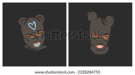 Hand drawn abstract vector graphic clipart illustrations collection set with bandit girl in balaclava.Trendy modern female design concept.Vector woman fashion portrait contemporary art.Beauty model.