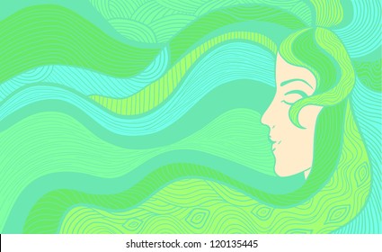Hand drawn abstract vector illustration of beautiful long-haired woman. Light colors variant