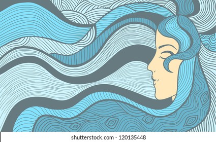 Hand drawn abstract vector illustration of beautiful long-haired woman. Vintage colors variant