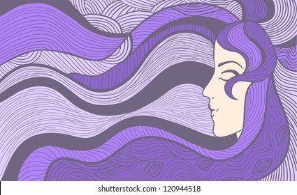 Hand drawn abstract vector illustration of beautiful long-haired woman. Vintage violet colors variant