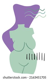 Hand drawn abstract vector illustration of human woman body sculpture, purple shape, blue waves, black scrabbles and other graphic elements