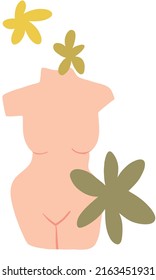 Hand drawn abstract vector illustration of woman body sculpture, green and yellow flowers and other graphic elements