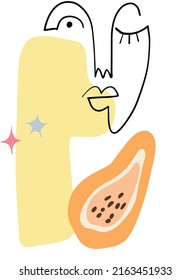 Hand drawn abstract vector illustration of line art human woman face, yellow shape, papaya exotic tropical summer fruit, pink and blue color stars and other graphic elements